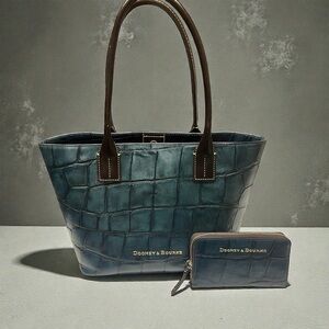 Dooney & Bourke Teal Croc-Embossed Tote with Brown Handles Set